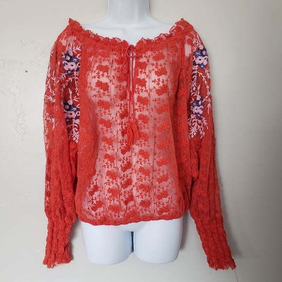 Free People Women's Jubilee Medium Coral Lace Long Sleeve Blouse Embroidered Top - Picture 2 of 10